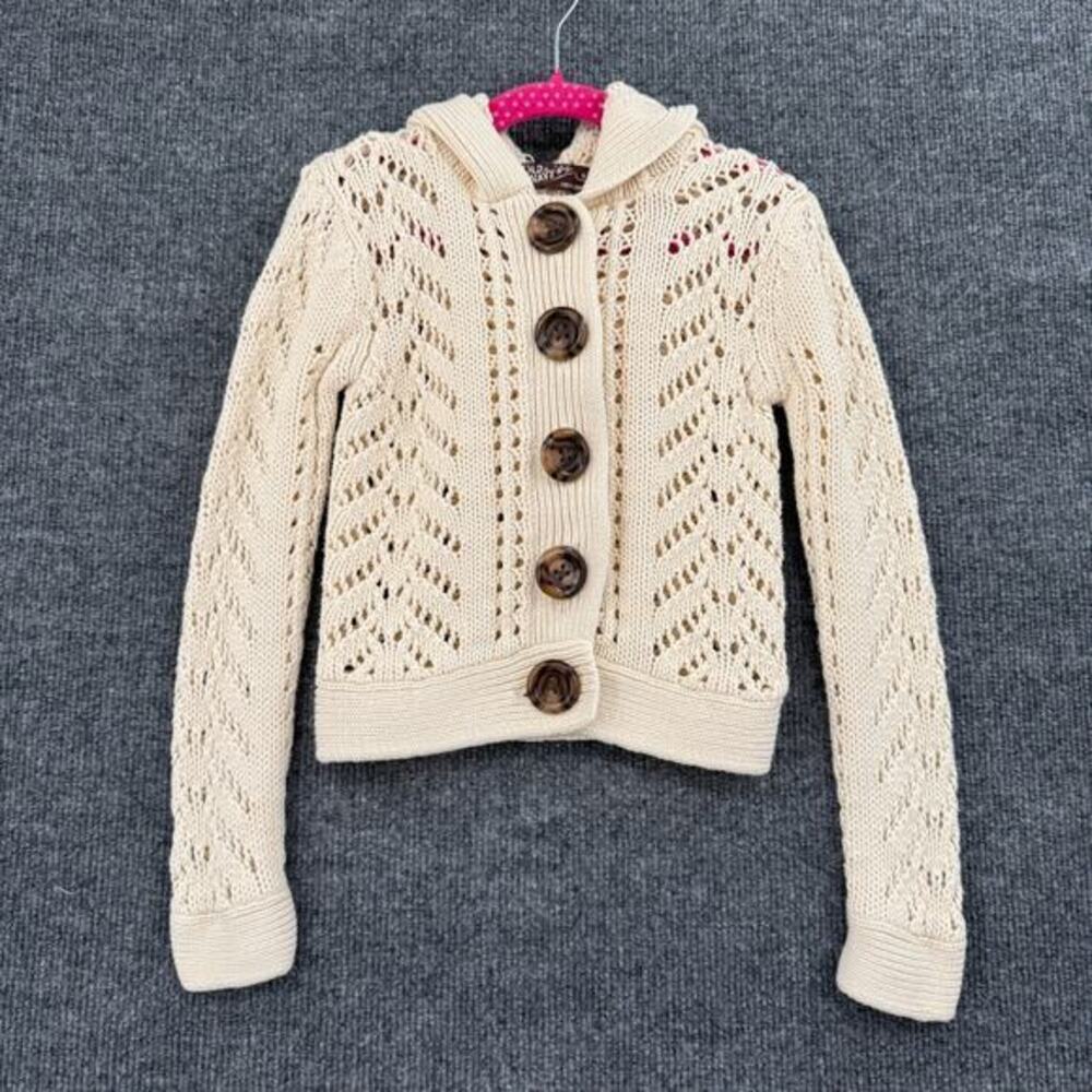 Vintage Old Navy Girls Chunky Open Knit Hooded Sweater Size S Cream Button Front